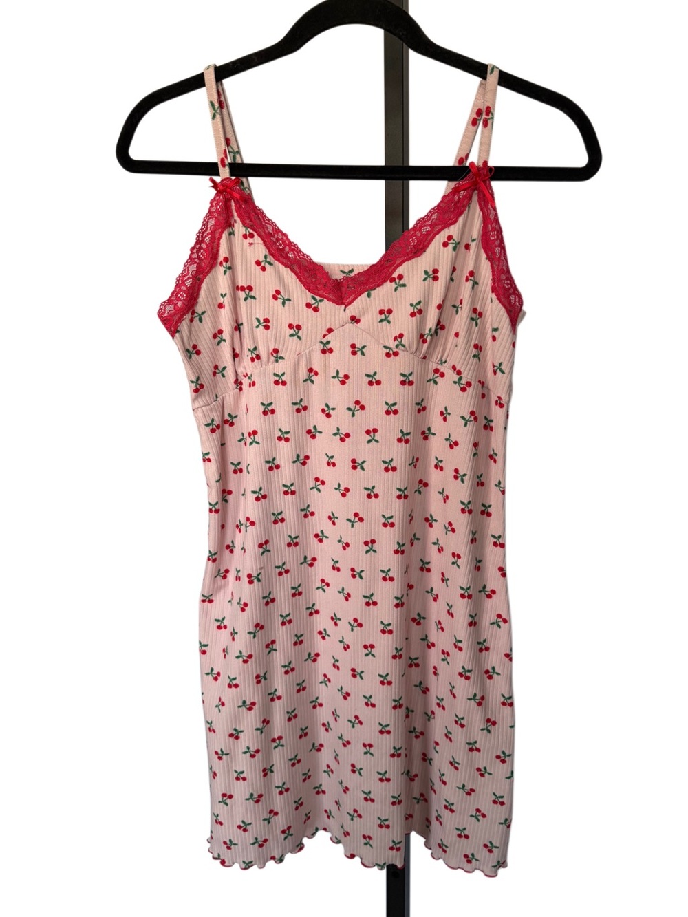 Rampage Y2K Pink Cherry Print Lace Trim Chemise Babydoll Sleep Slip Dress Size M